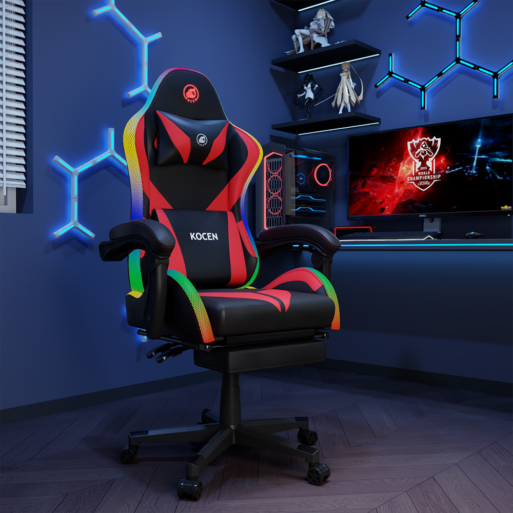 Gaming stolica od tkanine od PU kože, Esports stolica s višebojnim podesivim RGB svjetlima, USB napajanje, daljinski upravljač