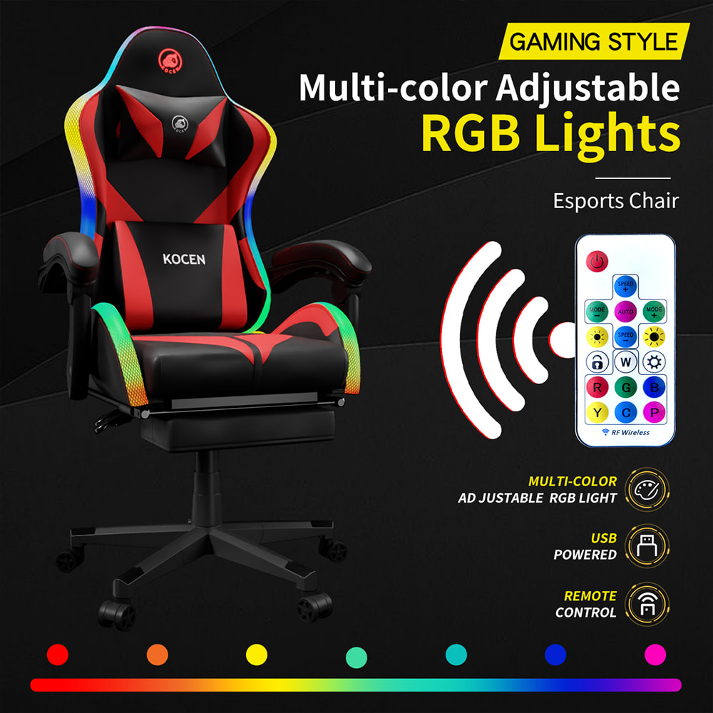 Gaming stolica od tkanine od PU kože, Esports stolica s višebojnim podesivim RGB svjetlima, USB napajanje, daljinski upravljač