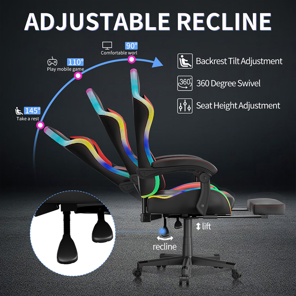 Gaming stolica od tkanine od PU kože, Esports stolica s višebojnim podesivim RGB svjetlima, USB napajanje, daljinski upravljač